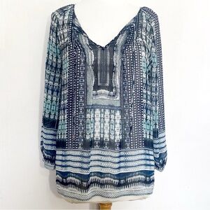 Women's Navy and Teal Printed V-Neck Blouse